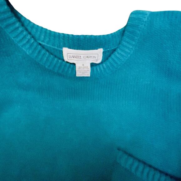 VTG 80s Small Daniel Caron Ramie Cotton Teal Green Crewneck Knit Sweater Pocket - Picture 12 of 14